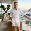 EcoModa men's loose-fit summer cardigan crafted from breathable linen-tencel blend fabric with lapel collar.