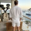 EcoModa men's loose-fit summer cardigan crafted from breathable linen-tencel blend fabric with lapel collar.