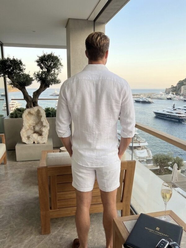 EcoModa men's loose-fit summer cardigan crafted from breathable linen-tencel blend fabric with lapel collar.