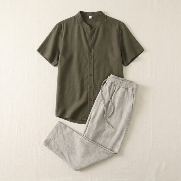EcoModa linen-cotton stand-collar shirt and pants set in Moss / Sand