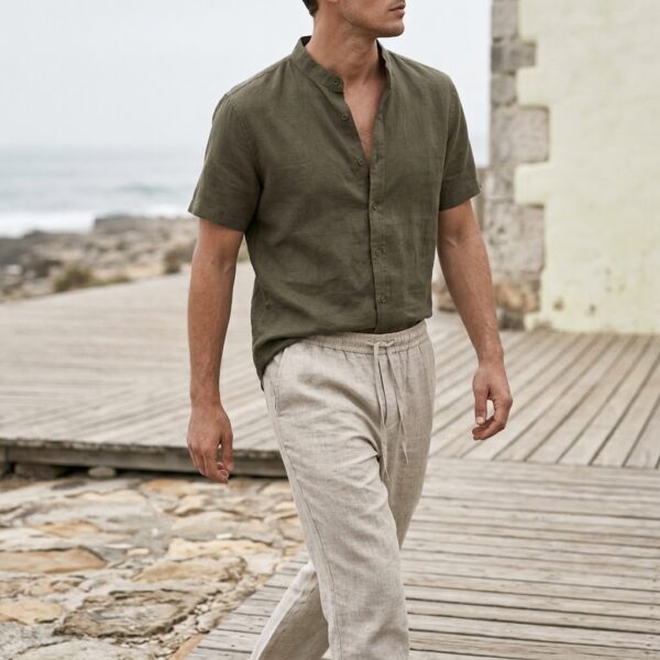 EcoModa linen-cotton stand-collar shirt and pants set - detail view 1