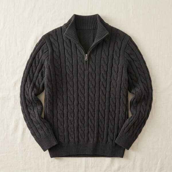 EcoModa cable-knit quarter-zip sweater with half-turtleneck collar in Black