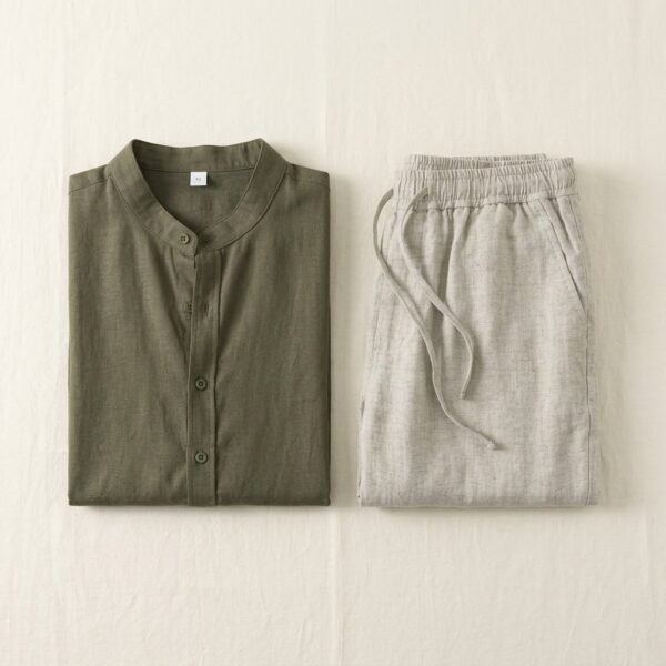 EcoModa linen-cotton stand-collar shirt and pants set - detail view 3