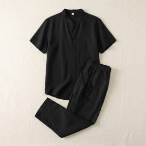 Men's linen-cotton two-piece set in black, stand-collar shirt and pants flat-lay