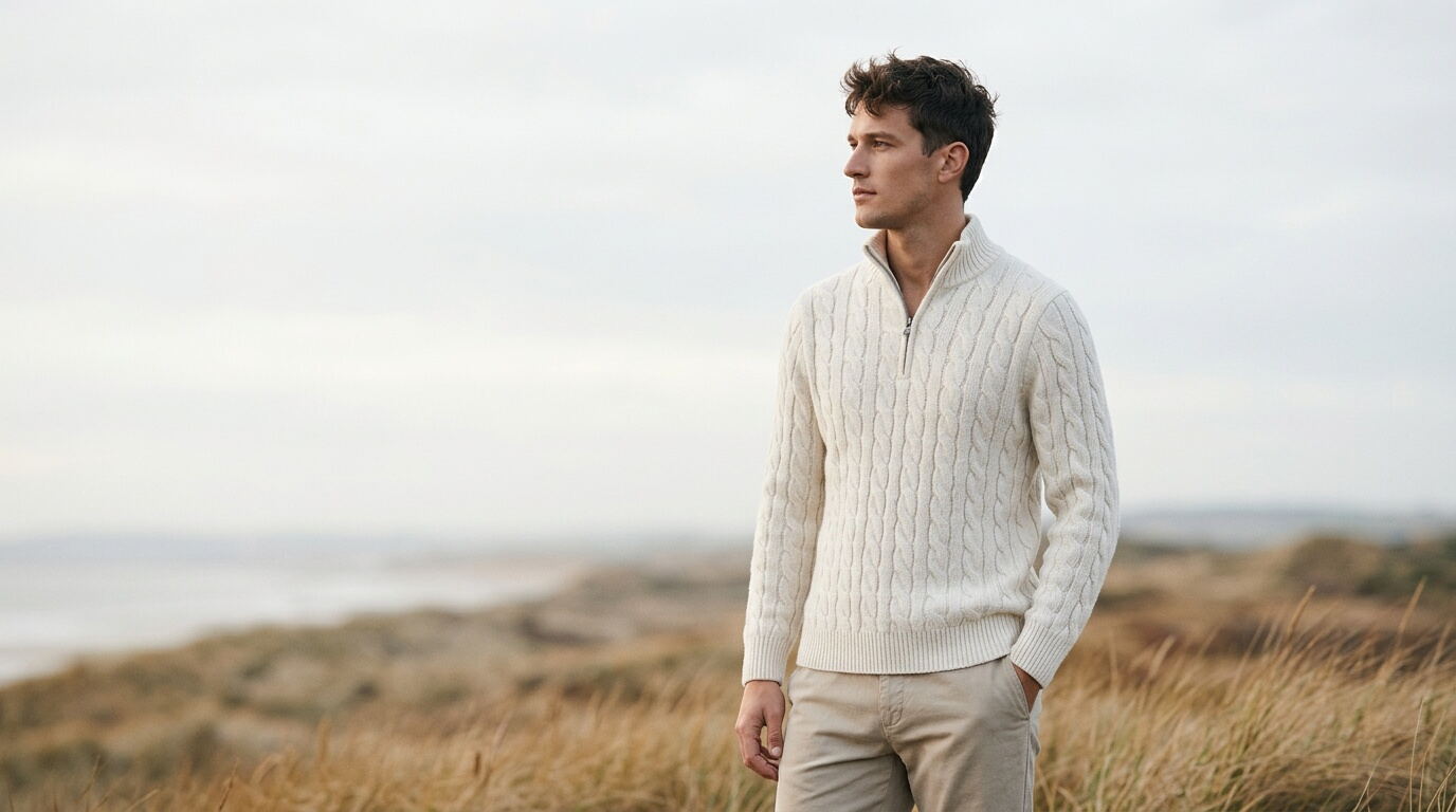 Man wearing the EcoModa white cable-knit quarter-zip sweater on an autumn coastline