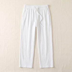 Men's straight linen pants in white, flat-lay with drawstring waist and relaxed leg