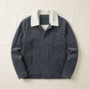 Men's sherpa-lined corduroy trucker jacket in dark grey with cream sherpa collar, flat-lay