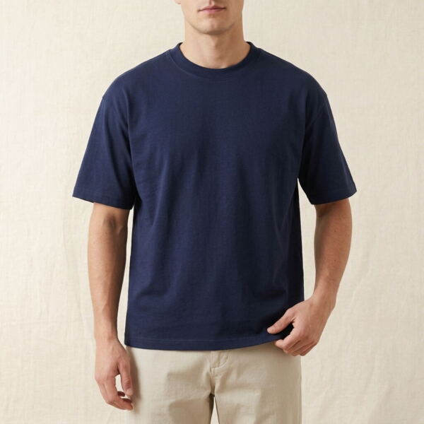 Man wearing a navy heavyweight cotton t-shirt with khaki chinos, front view