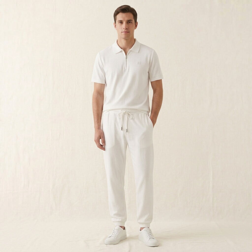 Man wearing a white linen-Tencel polo and jogger set with white sneakers